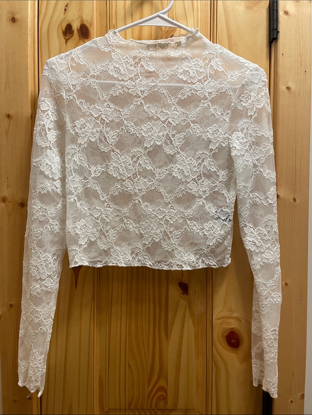 SHEIN White Sheer Floral Lace Long-Sleeve Crop Top